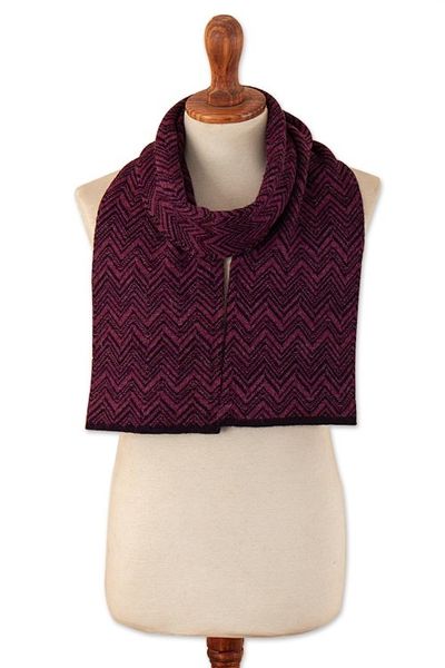 Alternate image for 100 Alpaca Knit Scarf with Chevron Pattern in Purple Hues Mountain Range in Berry