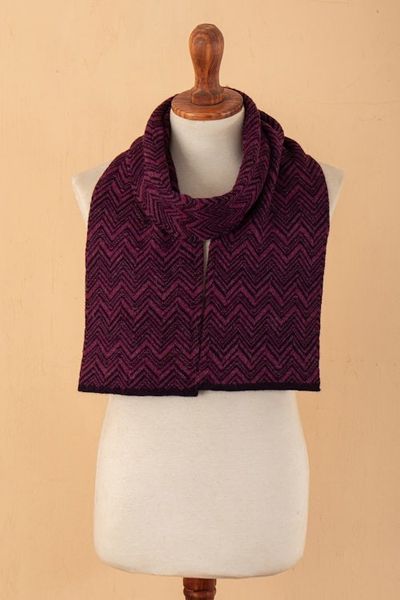 Alternate image for 100 Alpaca Knit Scarf with Chevron Pattern in Purple Hues Mountain Range in Berry