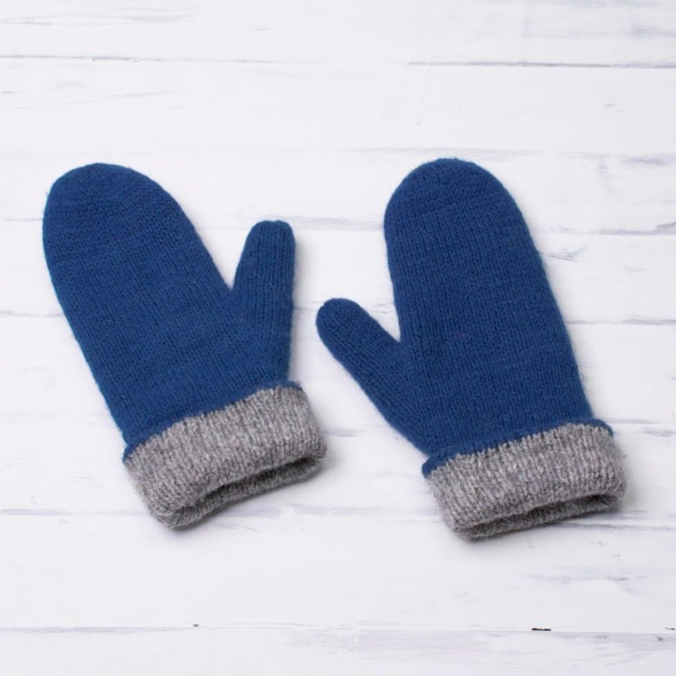 100 Alpaca Mittens in Azure and Grey from Peru 'Striking Contrast in Azure'