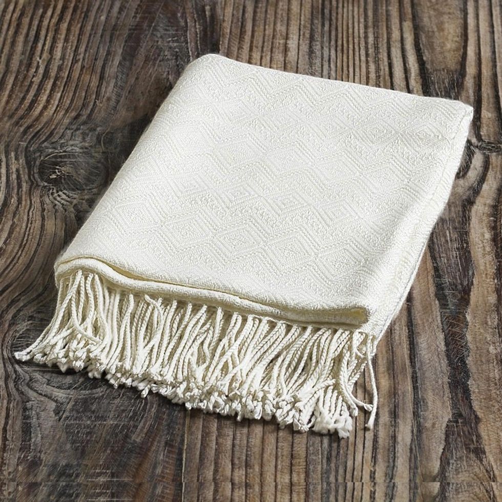 Textured White Alpaca Acrylic Blend Throw Blanket from Peru 'White Andean Textures'