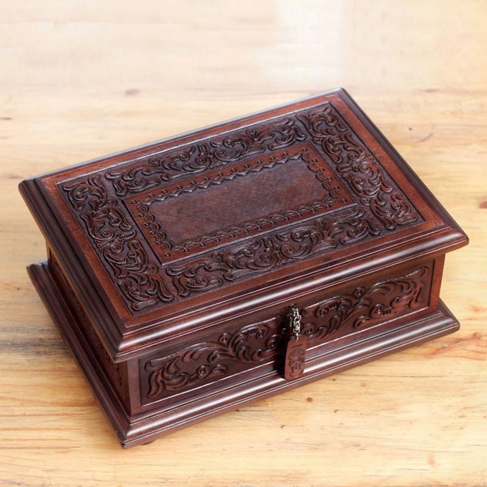 Peruvian Colonial Hand Tooled Brown Leather Jewelry Box 'Spanish Heritage'