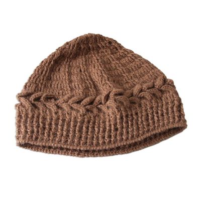 Alternate image for Handmade Alpaca Wool Solid Brown Beanie Hat Cajamarca Brown