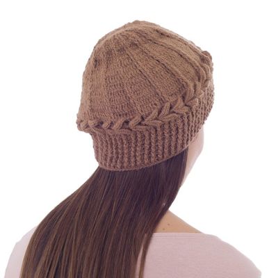 Alternate image for Handmade Alpaca Wool Solid Brown Beanie Hat Cajamarca Brown