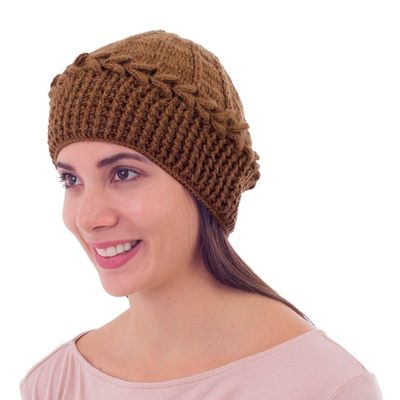 Alternate image for Handmade Alpaca Wool Solid Brown Beanie Hat Cajamarca Brown