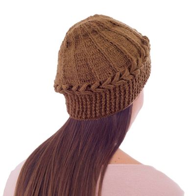 Alternate image for Handmade Alpaca Wool Solid Brown Beanie Hat Cajamarca Brown