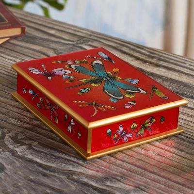 Alternate image for Andean Reverse-Painted Glass Dragonfly Box in Red Red Dragonfly Days