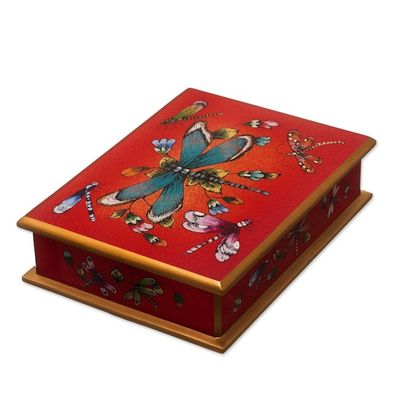 Alternate image for Andean Reverse-Painted Glass Dragonfly Box in Red Red Dragonfly Days