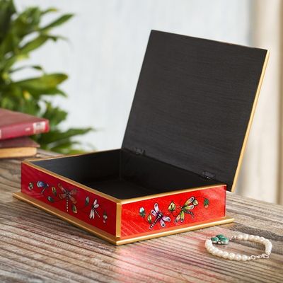 Alternate image for Andean Reverse-Painted Glass Dragonfly Box in Red Red Dragonfly Days