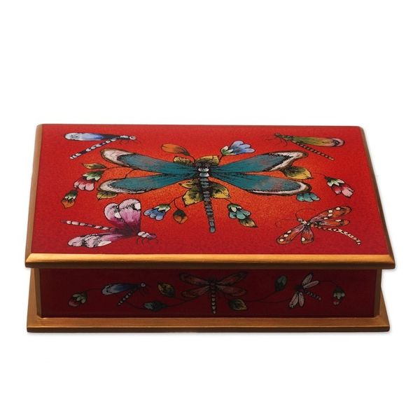 Alternate image for Andean Reverse-Painted Glass Dragonfly Box in Red Red Dragonfly Days