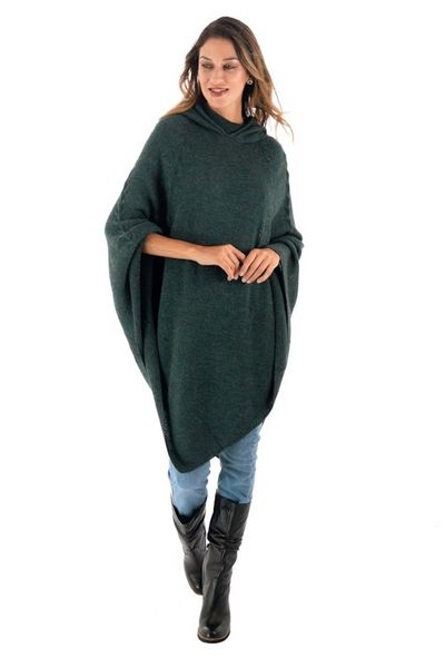 Alternate image for Knit Alpaca Blend Hooded Poncho in Moss from Peru Adventurous Style in Moss