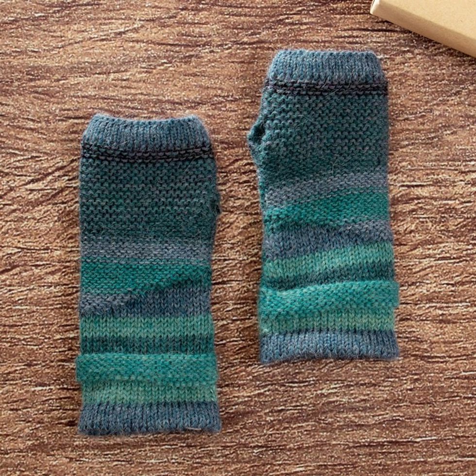 100 Alpaca Blue and Teal Knit Fingerless Mittens from Peru 'Shades of Blue'
