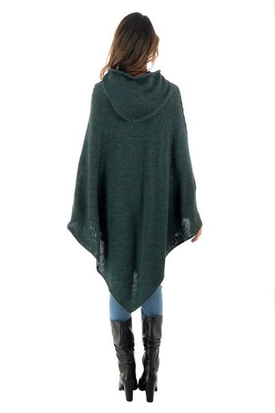 Alternate image for Knit Alpaca Blend Hooded Poncho in Moss from Peru Adventurous Style in Moss
