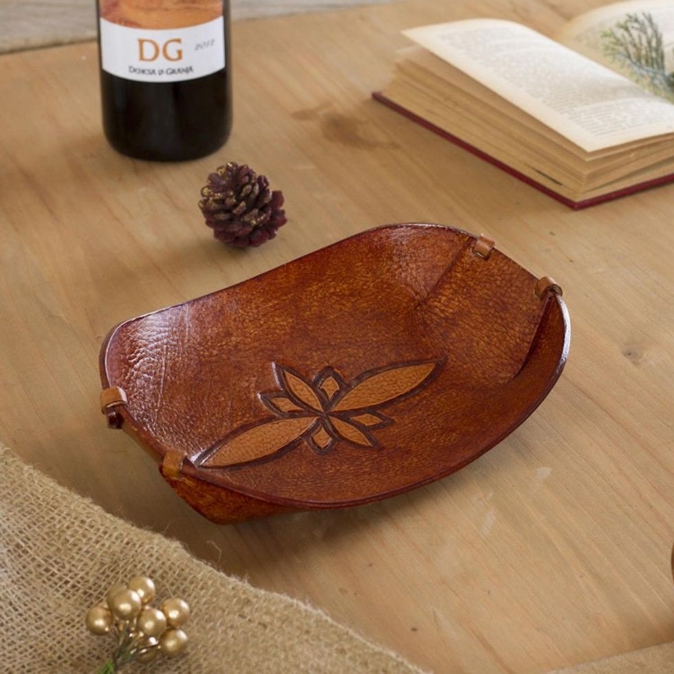 Handcrafted Leather Catchall from Peru 'Gothic Flower'