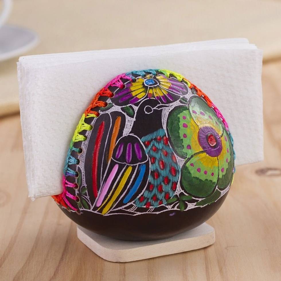 Colorful Bird and Flowers Hand Painted Gourd Napkin Holder 'Bright Song'