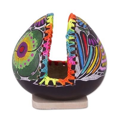 Alternate image for Colorful Bird and Flowers Hand Painted Gourd Napkin Holder Bright Song