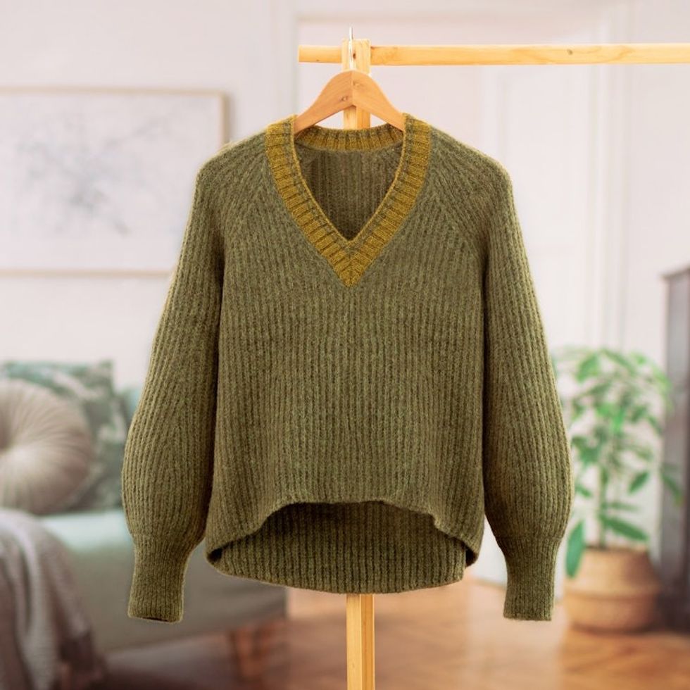 Preppy-Inspired Olive and Yellow Baby Alpaca Blend Sweater 'Olive Deity'