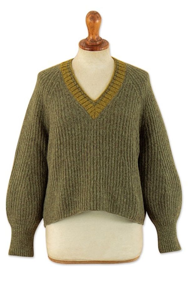 Alternate image for Preppy-Inspired Olive and Yellow Baby Alpaca Blend Sweater Olive Deity