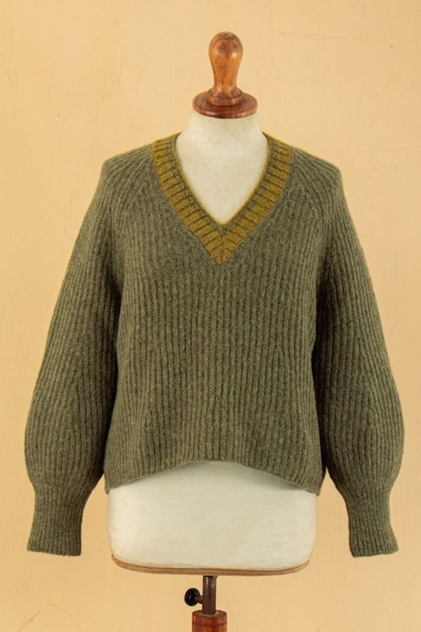 Alternate image for Preppy-Inspired Olive and Yellow Baby Alpaca Blend Sweater Olive Deity