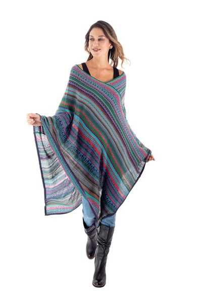 Alternate image for Fuchsia and Multi-Color Striped Acrylic Knit Poncho Stripes in Bloom
