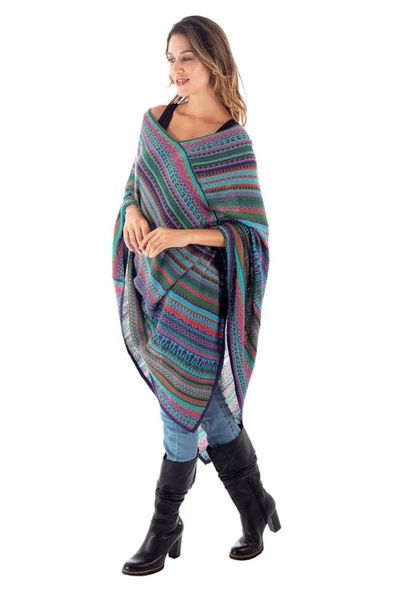 Alternate image for Fuchsia and Multi-Color Striped Acrylic Knit Poncho Stripes in Bloom