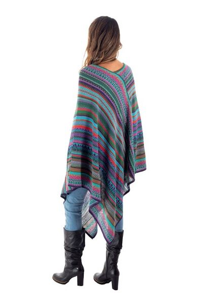 Alternate image for Fuchsia and Multi-Color Striped Acrylic Knit Poncho Stripes in Bloom