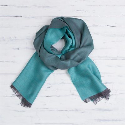 Alternate image for Baby Alpaca and Silk Blend Teal and Grey Reversible Scarf Options in Teal