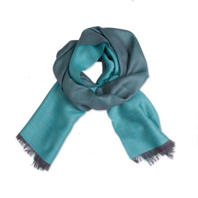 Alternate image for Baby Alpaca and Silk Blend Teal and Grey Reversible Scarf Options in Teal