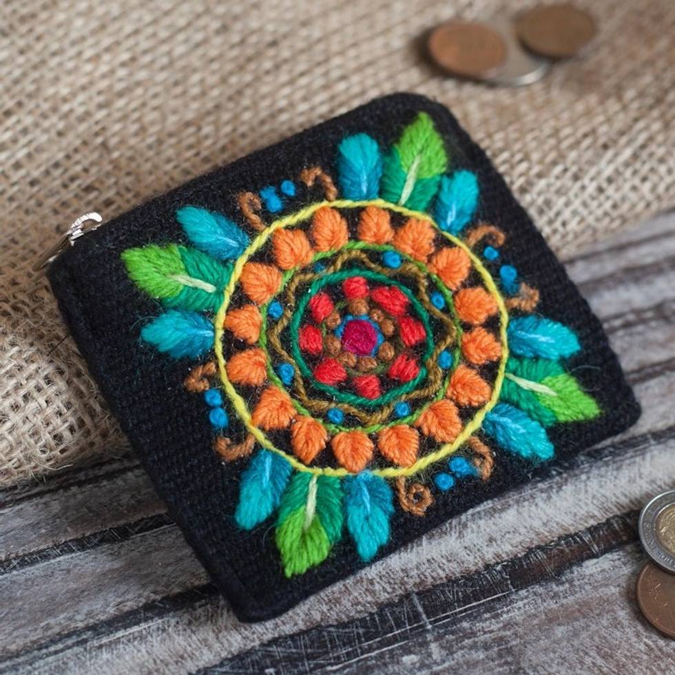 Floral Embroidered Alpaca Blend Coin Purse in Black 'Colorful Mandala'