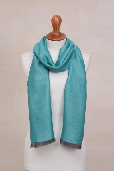 Alternate image for Baby Alpaca and Silk Blend Teal and Grey Reversible Scarf Options in Teal