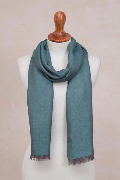 Alternate image for Baby Alpaca and Silk Blend Teal and Grey Reversible Scarf Options in Teal