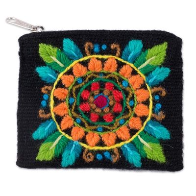 Alternate image for Floral Embroidered Alpaca Blend Coin Purse in Black Colorful Mandala