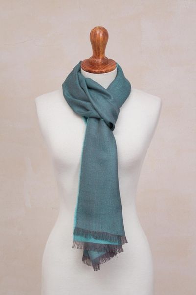Alternate image for Baby Alpaca and Silk Blend Teal and Grey Reversible Scarf Options in Teal