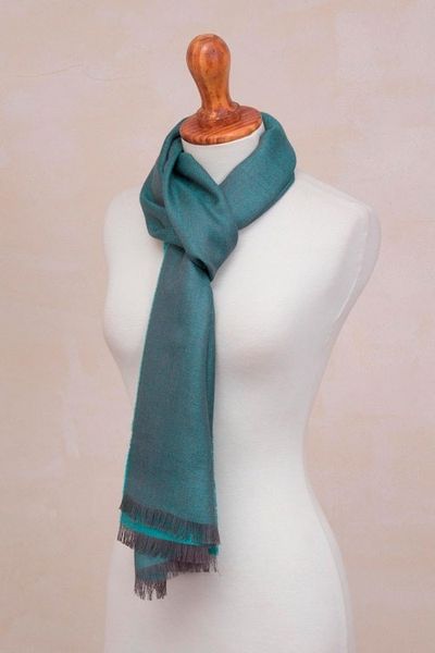 Alternate image for Baby Alpaca and Silk Blend Teal and Grey Reversible Scarf Options in Teal