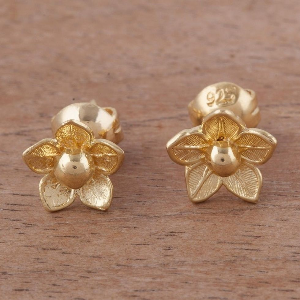 Flower-Shaped 18k Gold Plated Stud Earrings from Peru 'Glistening Petals'