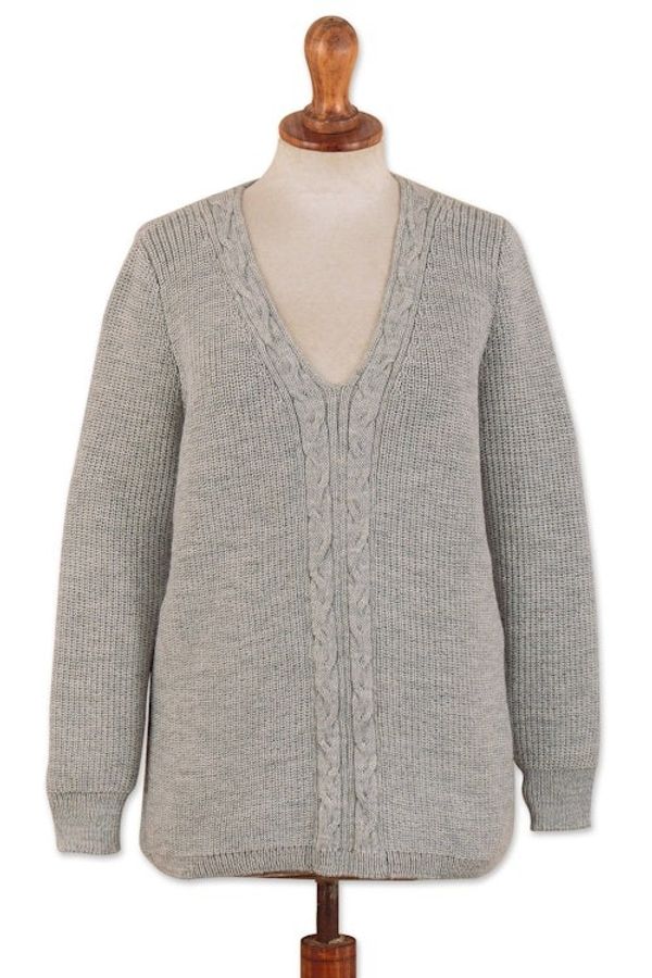 Alternate image for Soft Grey Alpaca Blend Pullover Sweater with V-Neckline Grey Epoch