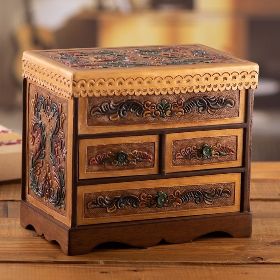 Handcrafted Classic Colorful Wood and Leather Jewelry Box 'Baroque Colors'