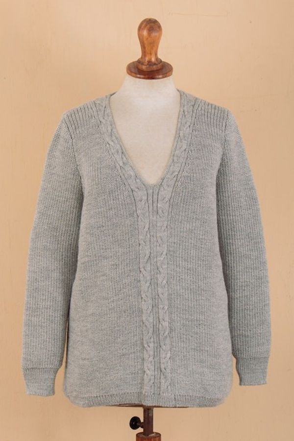 Alternate image for Soft Grey Alpaca Blend Pullover Sweater with V-Neckline Grey Epoch