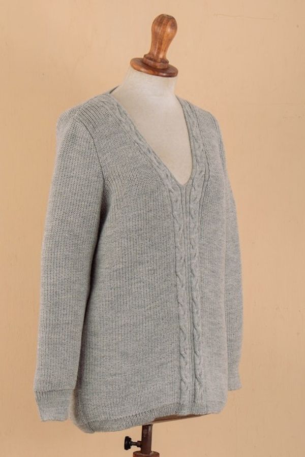Alternate image for Soft Grey Alpaca Blend Pullover Sweater with V-Neckline Grey Epoch