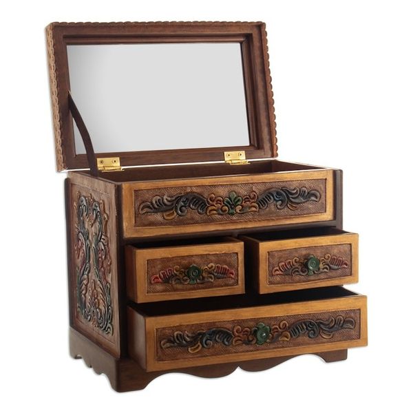 Alternate image for Handcrafted Classic Colorful Wood and Leather Jewelry Box Baroque Colors