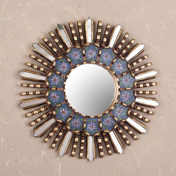 Alternate image for Floral Reverse Painted Glass and Wood Wall Mirror Cuzco Blue