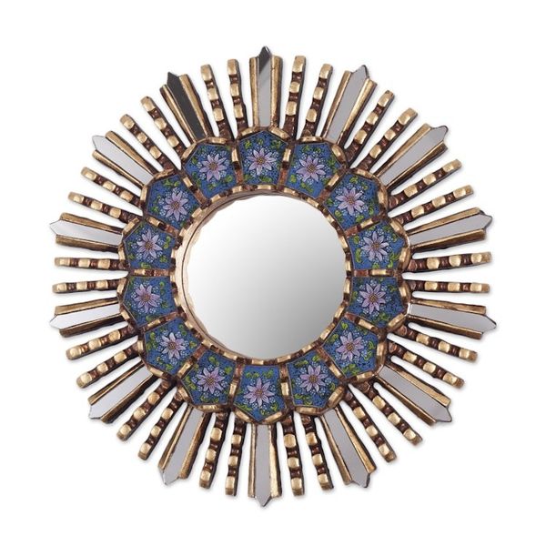 Alternate image for Floral Reverse Painted Glass and Wood Wall Mirror Cuzco Blue