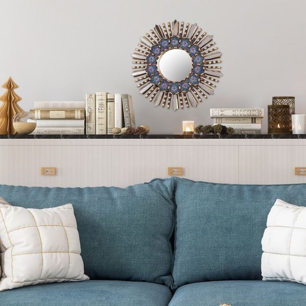 Alternate image for Floral Reverse Painted Glass and Wood Wall Mirror Cuzco Blue