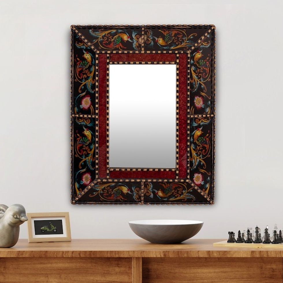 Reverse Painted Glass Wall Mirror with Floral  Leaf Motifs 'Dawn'