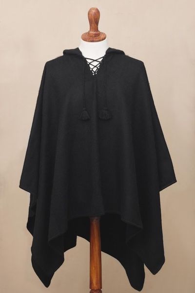 Alternate image for Andean Alpaca Blend Black Mens Poncho with Hood Ebony