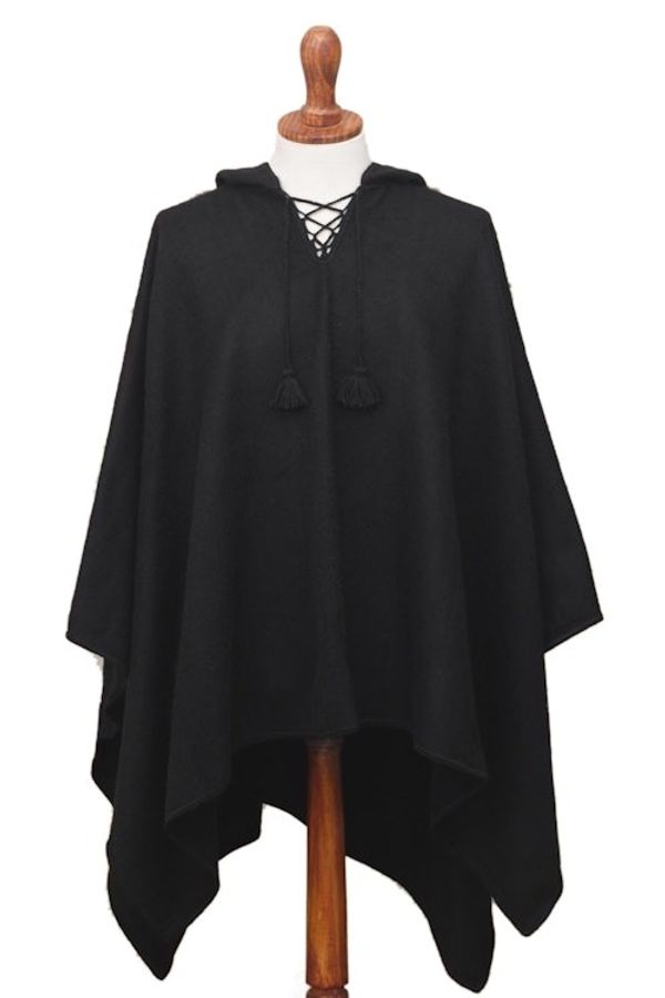 Alternate image for Andean Alpaca Blend Black Mens Poncho with Hood Ebony