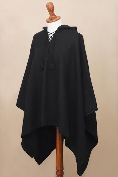 Alternate image for Andean Alpaca Blend Black Mens Poncho with Hood Ebony