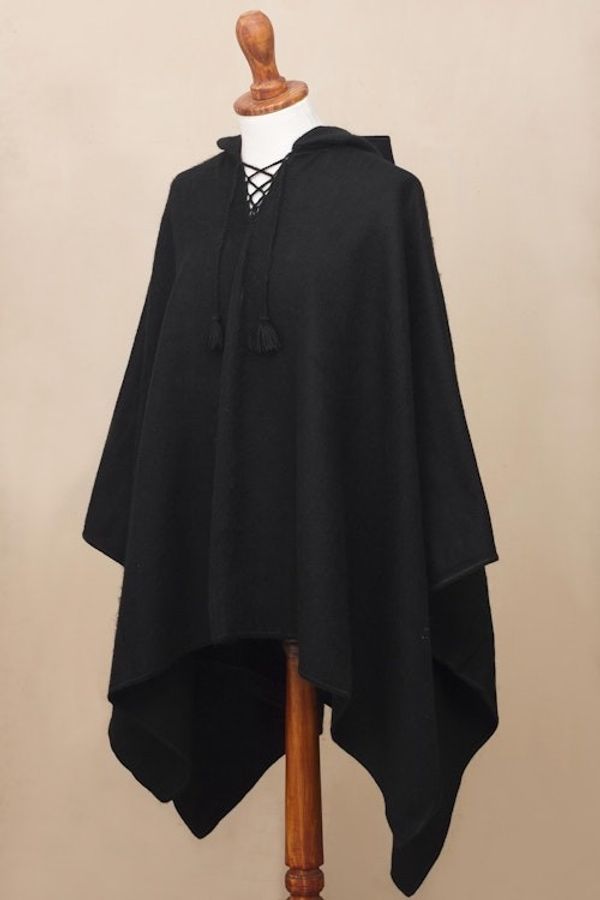 Alternate image for Andean Alpaca Blend Black Mens Poncho with Hood Ebony