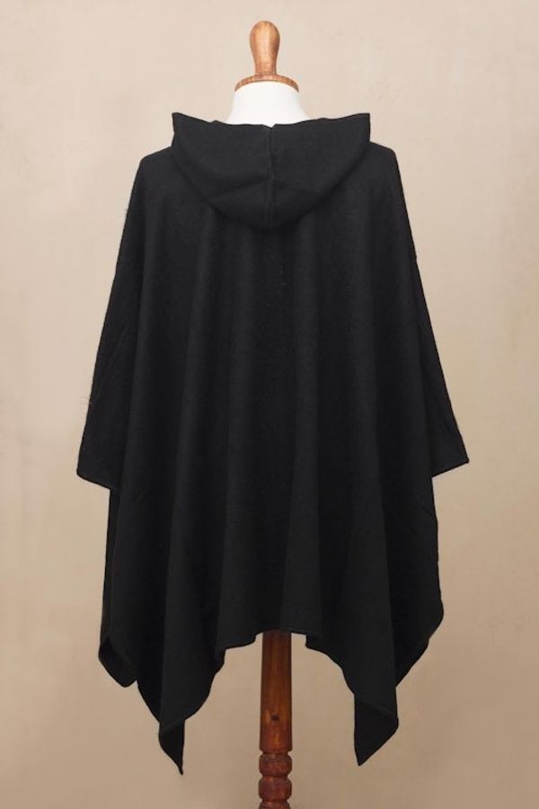 Alternate image for Andean Alpaca Blend Black Mens Poncho with Hood Ebony