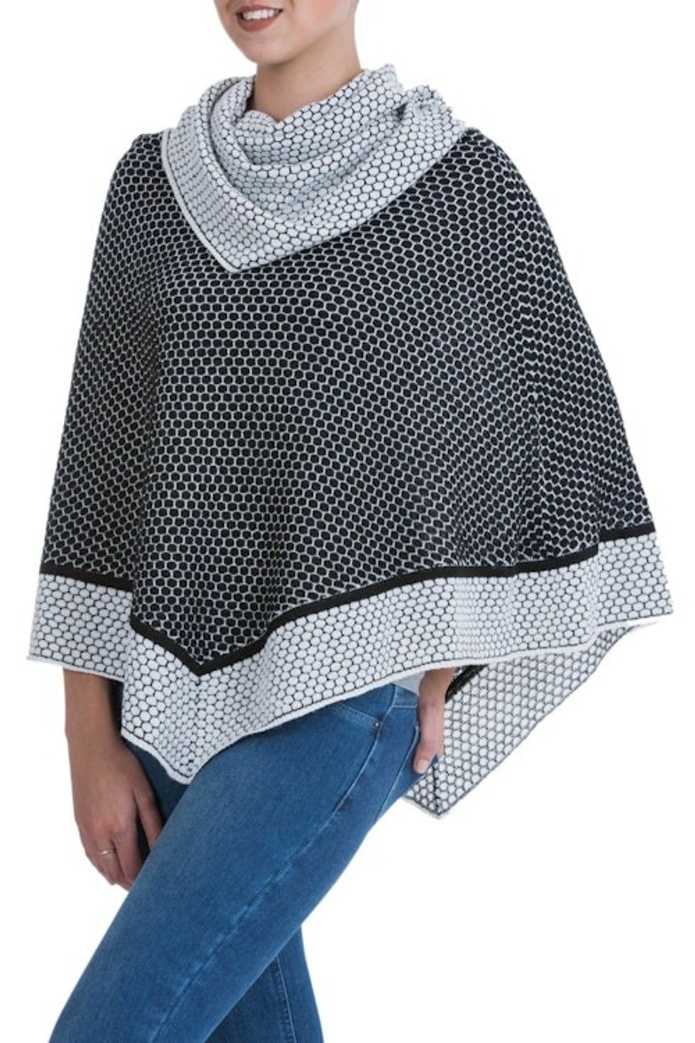 Black and White Patterned 100 Alpaca Poncho with Cowl Neck 'Honeycomb Matrix'