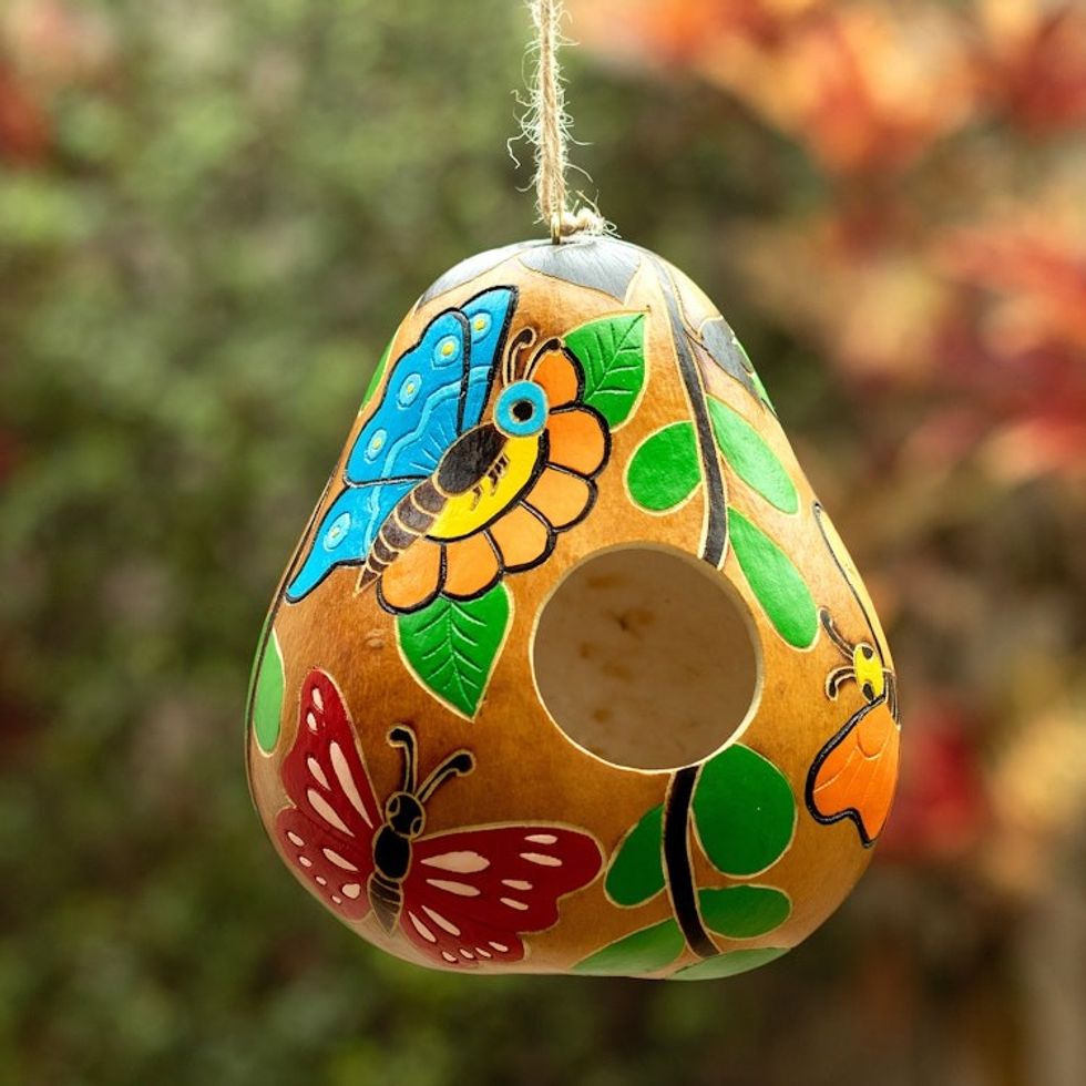 Hand-painted Butterfly-theme Dried Gourd Birdhouse from Peru 'Flight of the Butterfly'